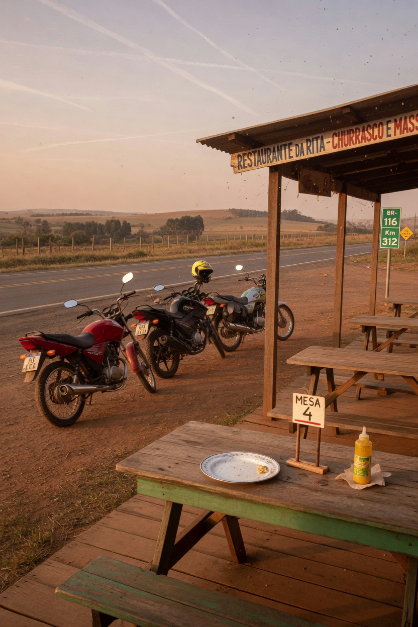 Alpendre de restaurante à beira da estrada, mesas de madeira, motos estacionadas no pátio de terra.